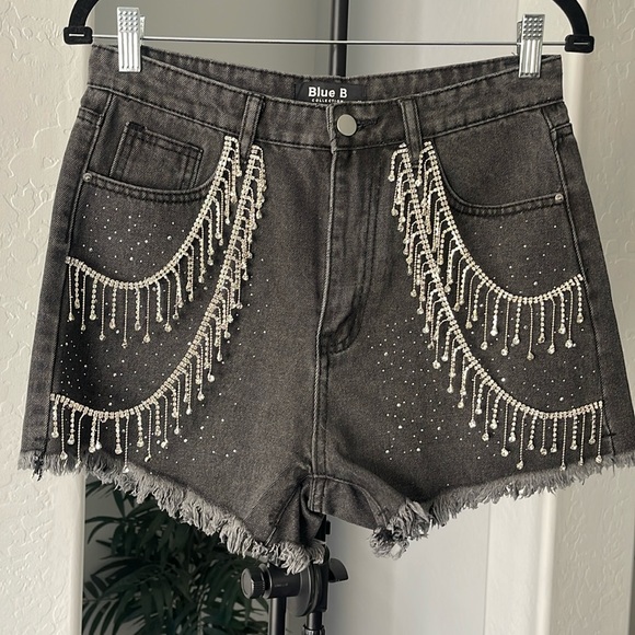 Blue B Pants - BLUE B Ultra High Rise Rhinestone Fringe Short with Dripping in rhinestones Sz M